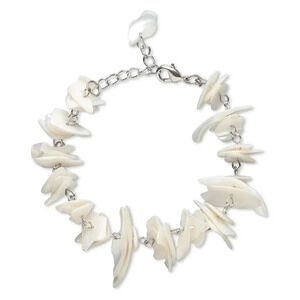 Handcrafted Bleached Freshwater Pearl Shell Beads Silver Tone Chain Bracelet